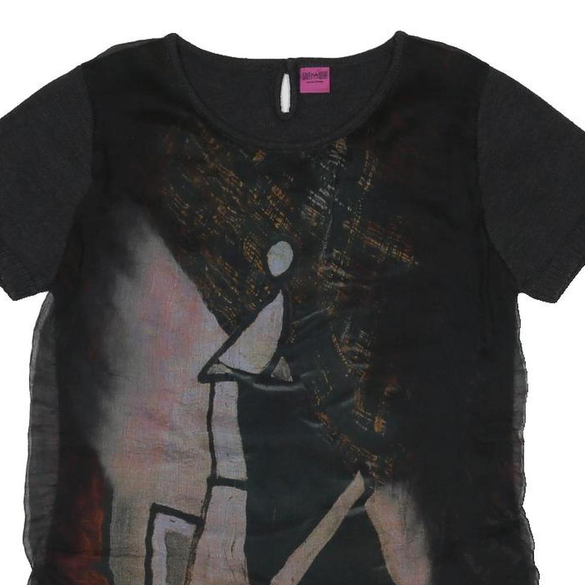 SAVE THE QUEEN Y2K Womens Black Printed Top Short Sleeve Round Neck L Artistic