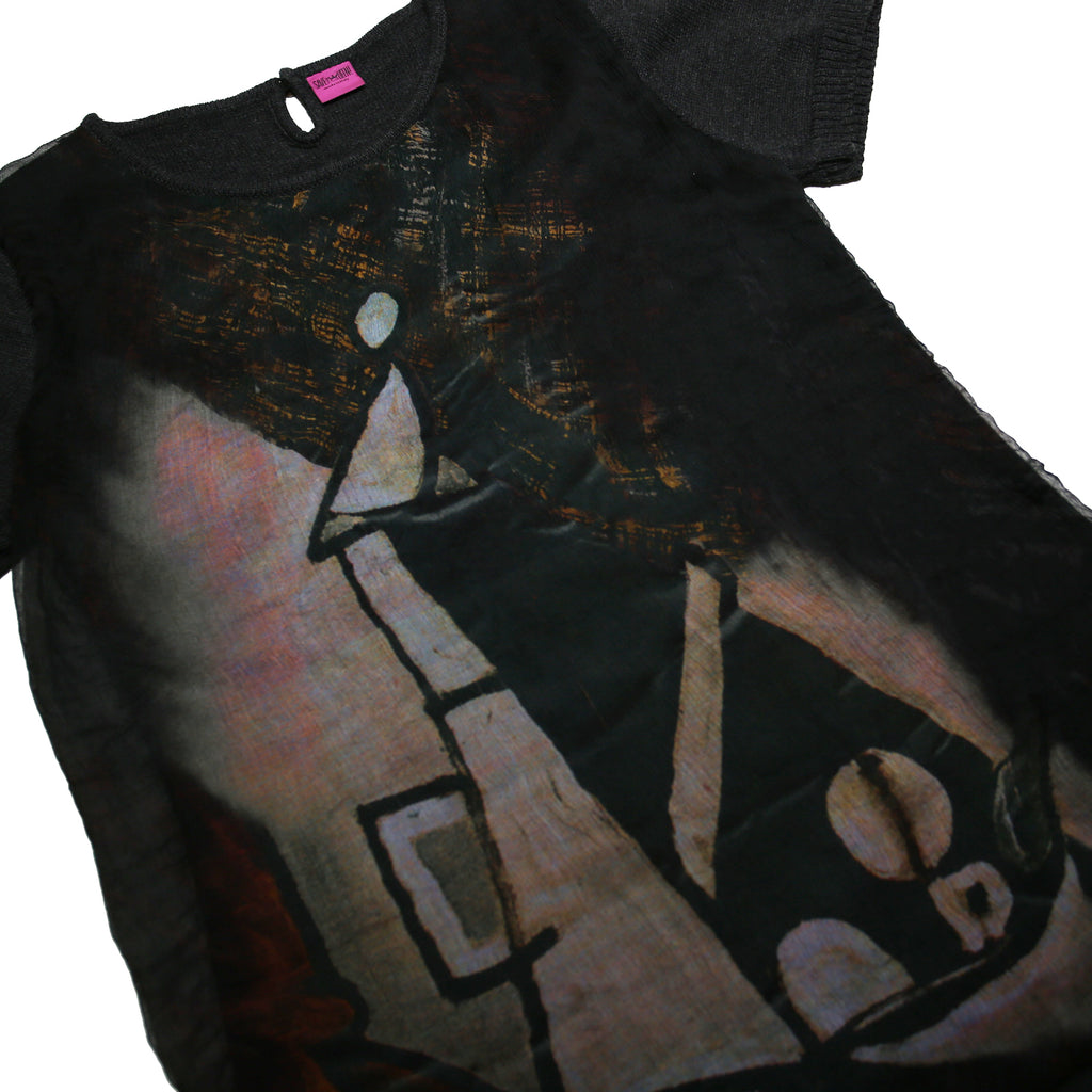 SAVE THE QUEEN Y2K Womens Black Printed Top Short Sleeve Round Neck L Artistic