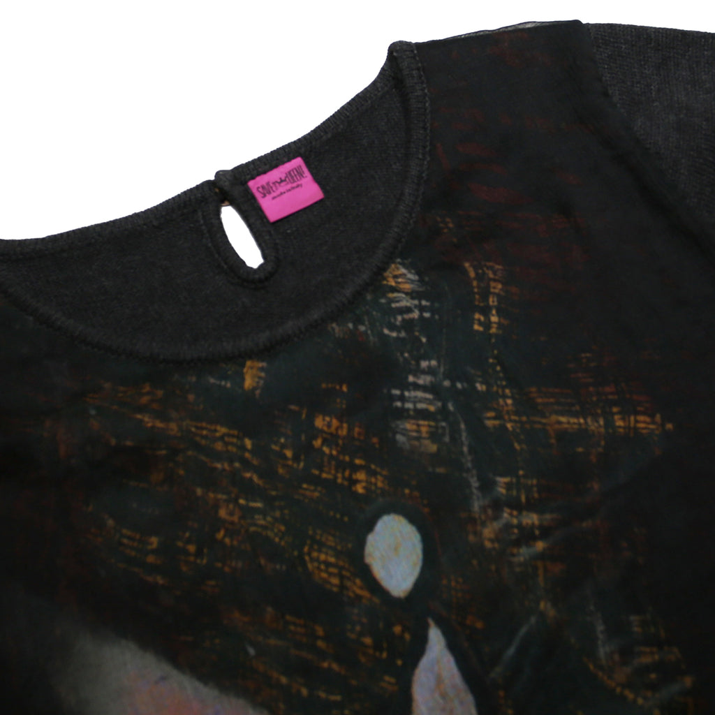 SAVE THE QUEEN Y2K Womens Black Printed Top Short Sleeve Round Neck L Artistic