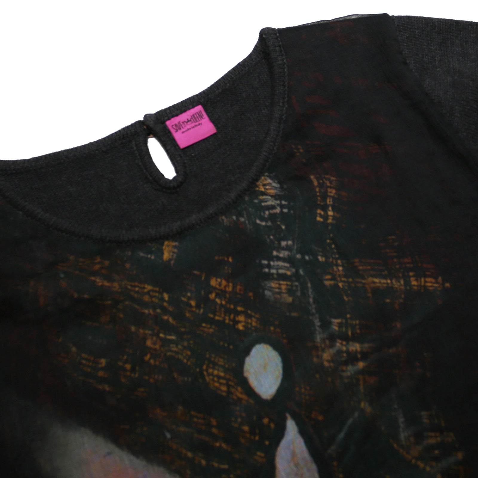 SAVE THE QUEEN Y2K Womens Black Printed Top Short Sleeve Round Neck L Artistic