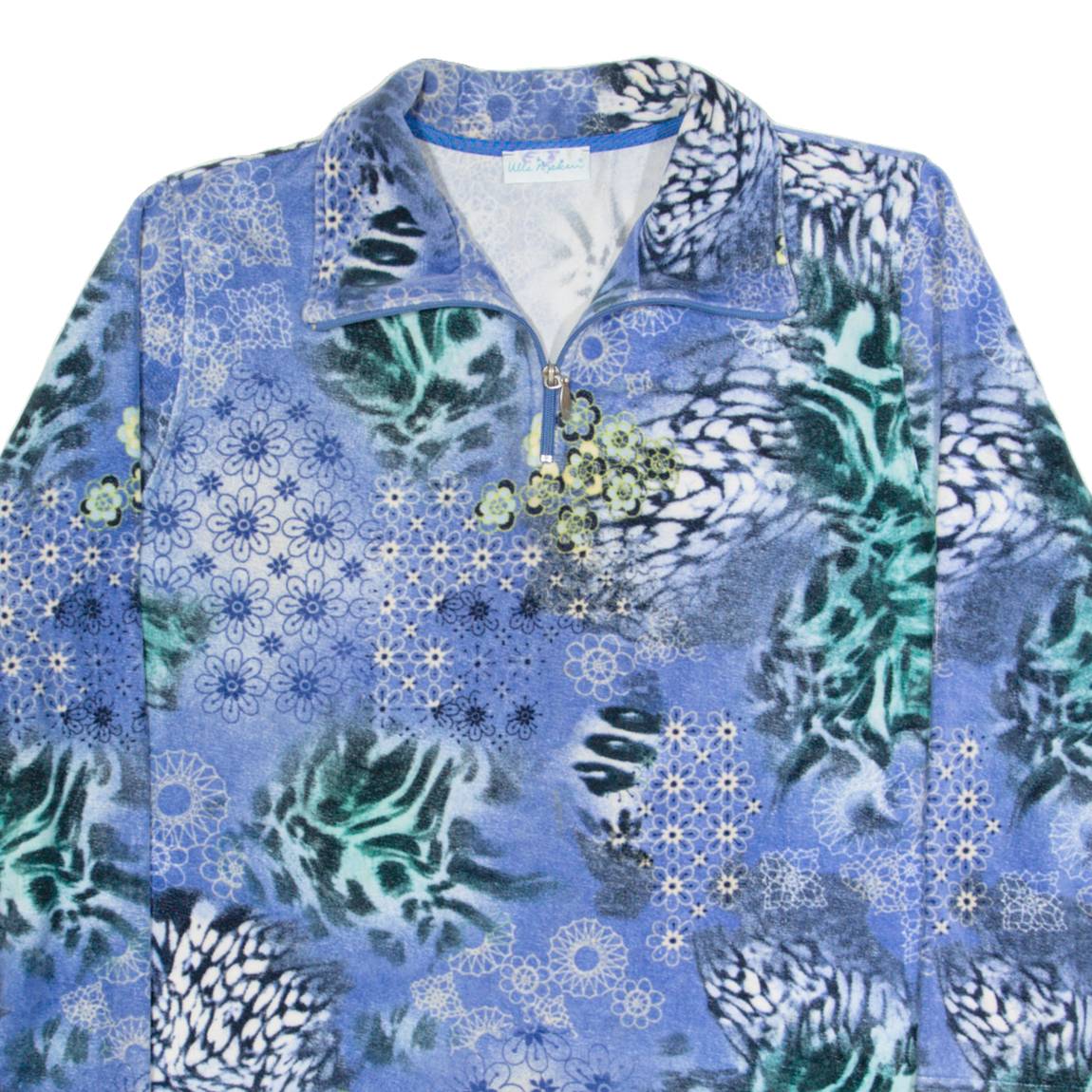 ULLA POPKEN Womens Day Dress Blue Velvet 90s Crazy Pattern Short L