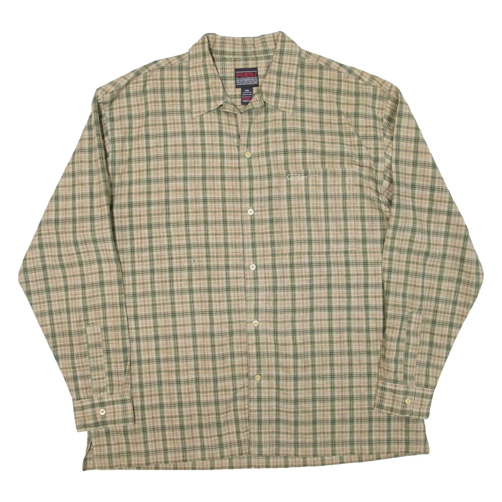 FUBU Mens Shirt Green Check Long Sleeve 2XL
