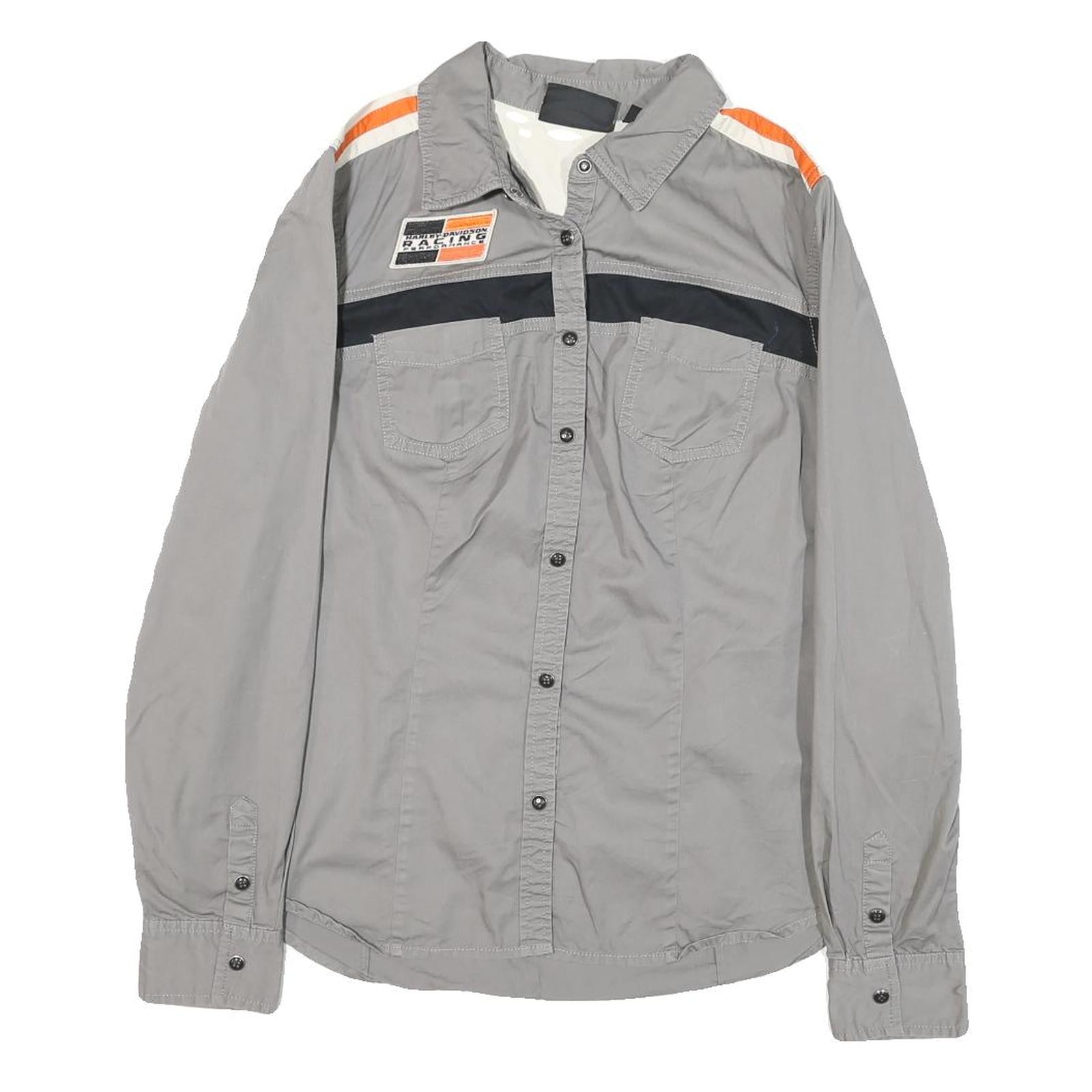 HARLEY DAVIDSON Womens Grey & Orange Racing Shirt L Cotton Blend Casual Fit Long