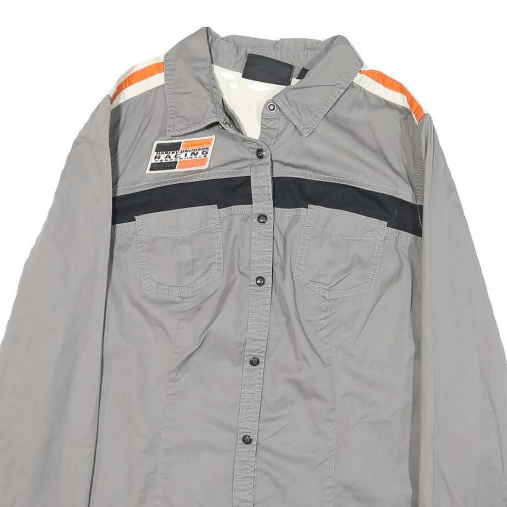 HARLEY DAVIDSON Womens Grey & Orange Racing Shirt L Cotton Blend Casual Fit Long