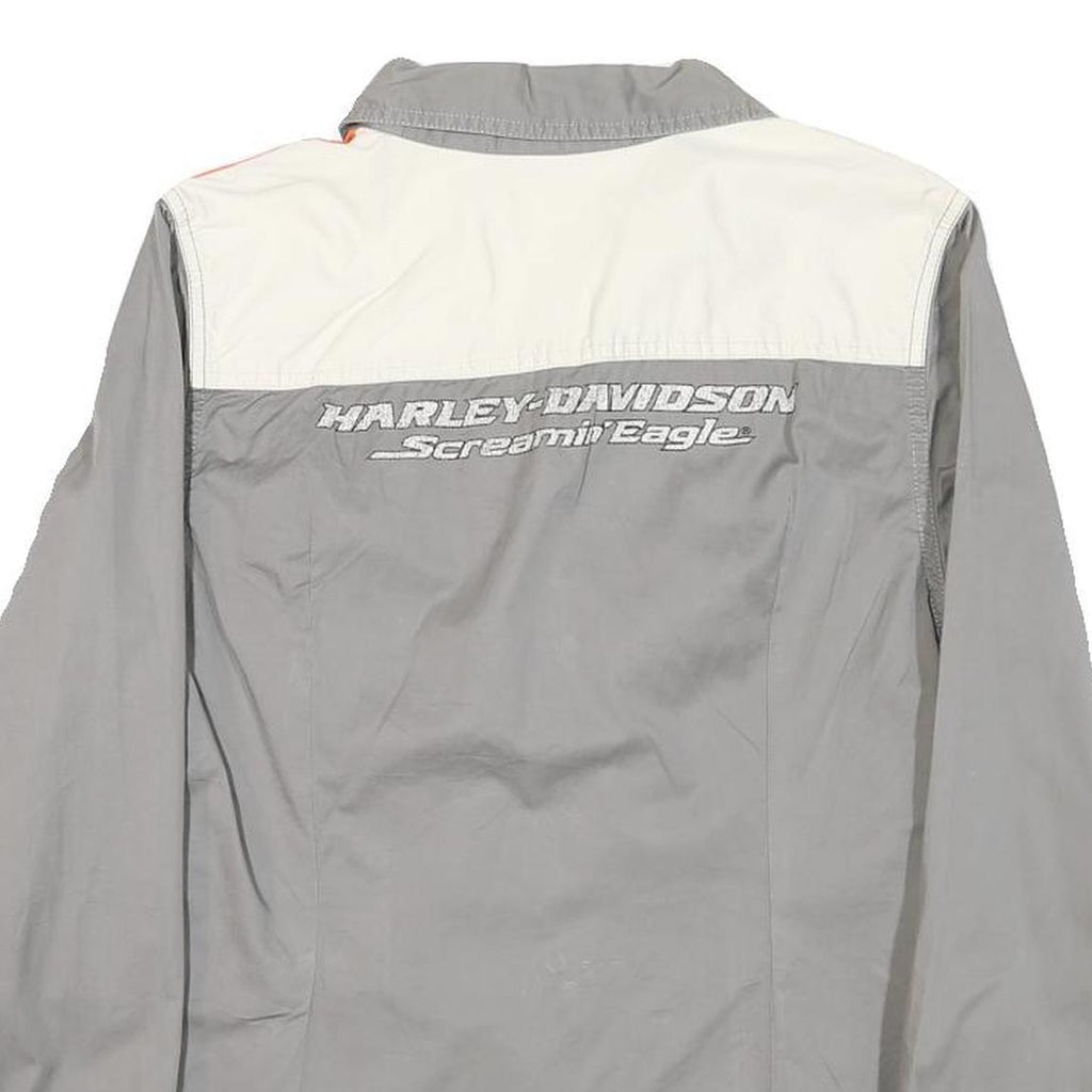 HARLEY DAVIDSON Womens Grey & Orange Racing Shirt L Cotton Blend Casual Fit Long