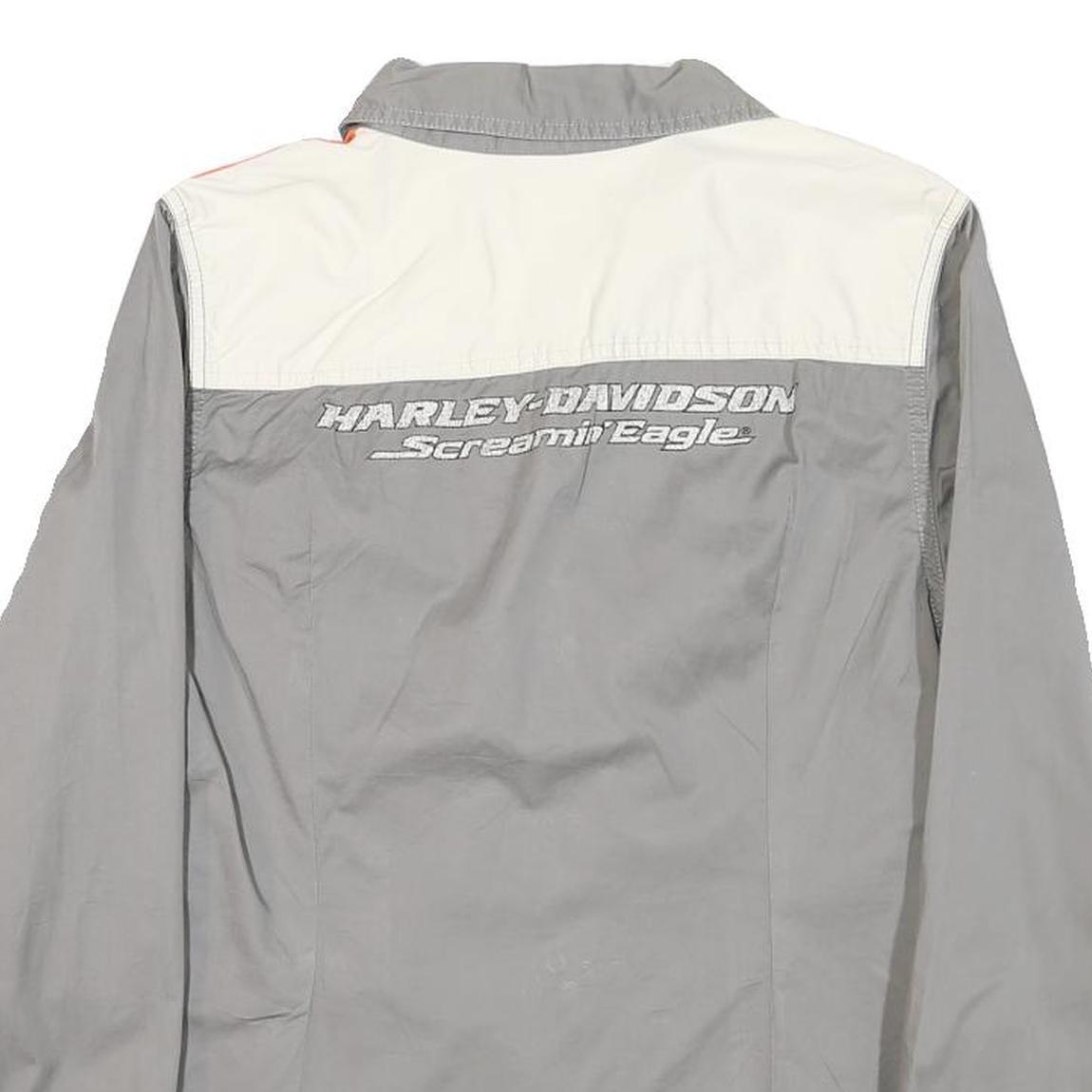 HARLEY DAVIDSON Womens Grey & Orange Racing Shirt L Cotton Blend Casual Fit Long