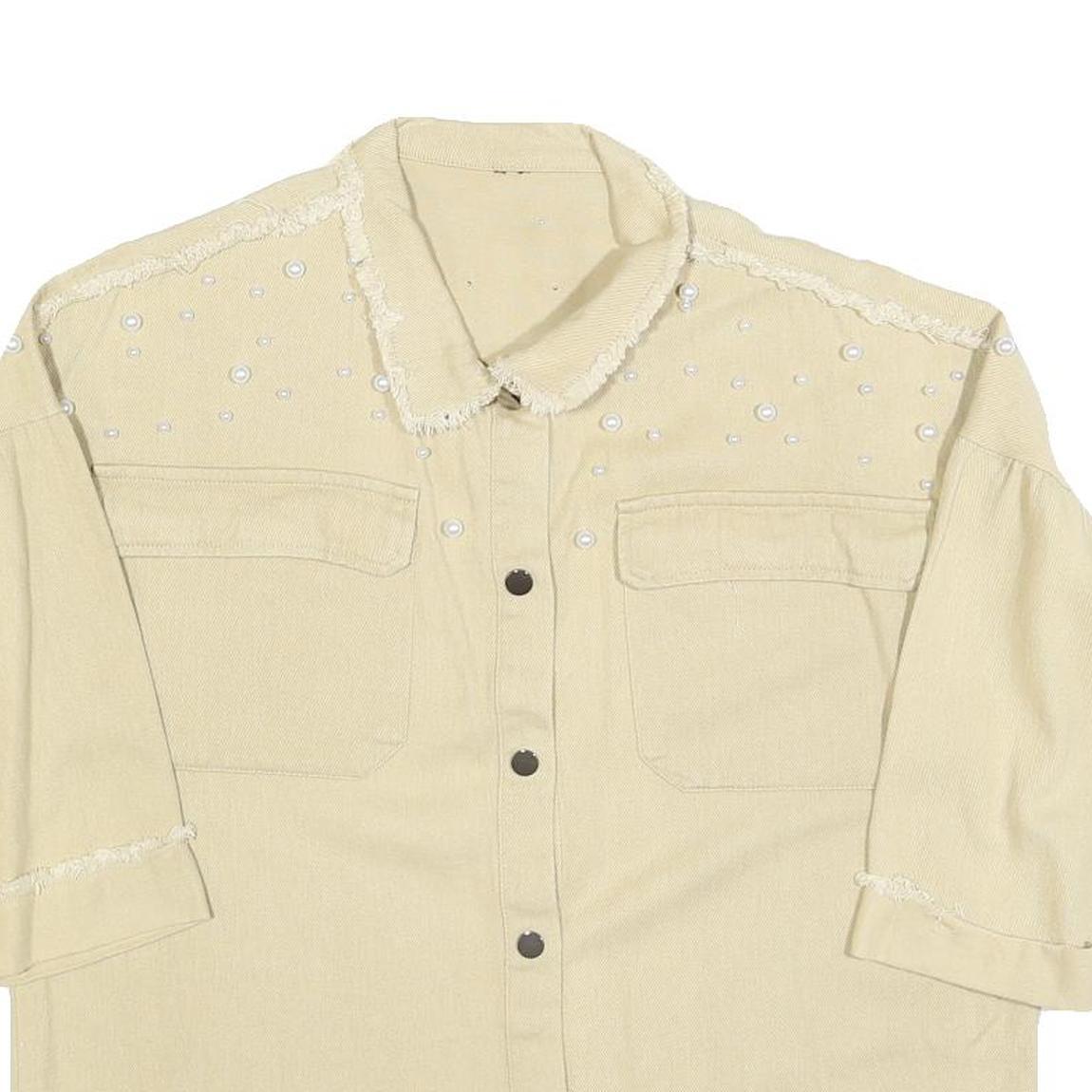 Womens Beige Cotton Blend Shirt M Button Front Frayed Hem Pearl Detail Relaxed