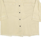 Womens Beige Cotton Blend Shirt M Button Front Frayed Hem Pearl Detail Relaxed
