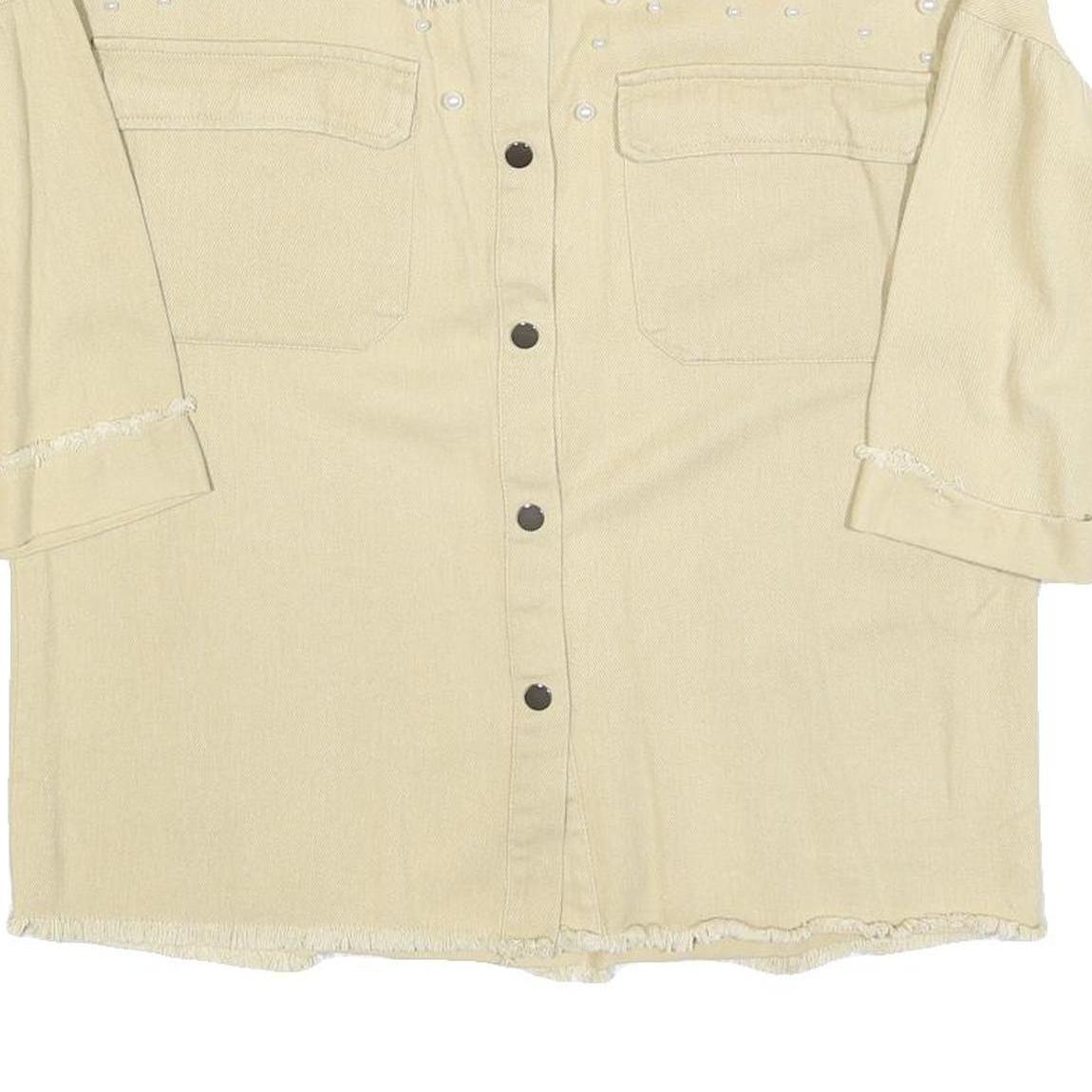 Womens Beige Cotton Blend Shirt M Button Front Frayed Hem Pearl Detail Relaxed