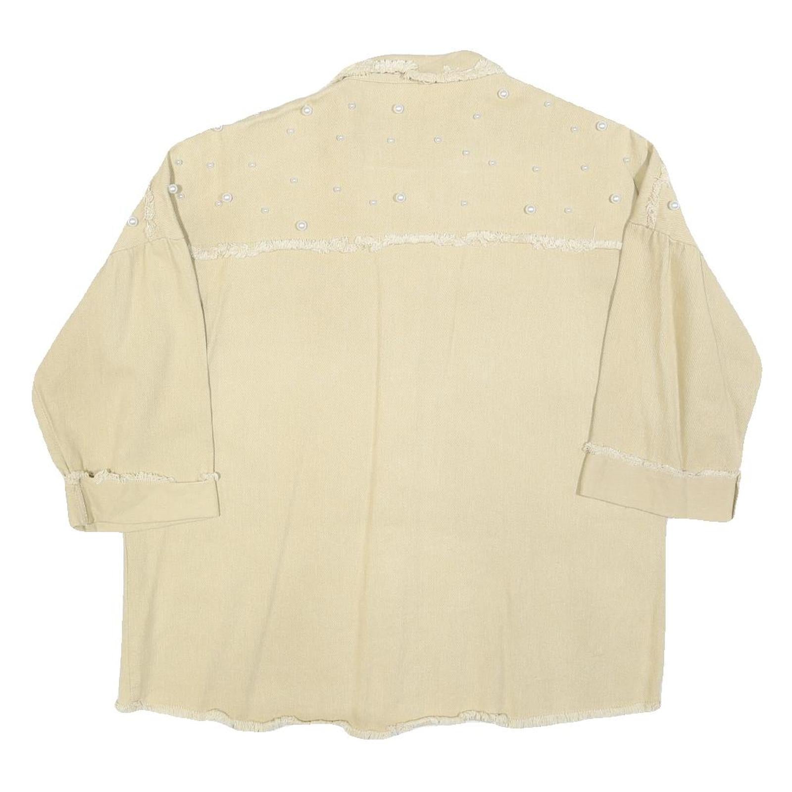 Womens Beige Cotton Blend Shirt M Button Front Frayed Hem Pearl Detail Relaxed