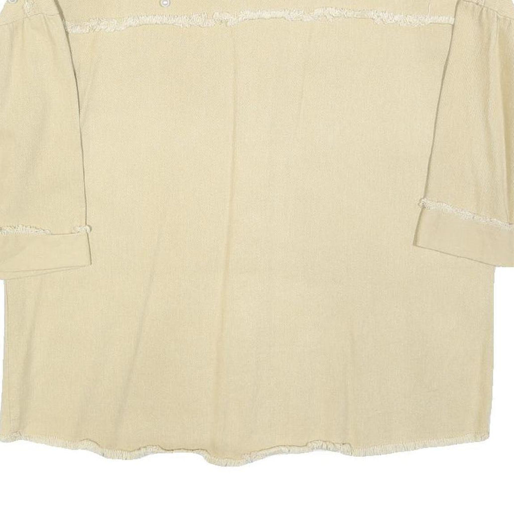 Womens Beige Cotton Blend Shirt M Button Front Frayed Hem Pearl Detail Relaxed
