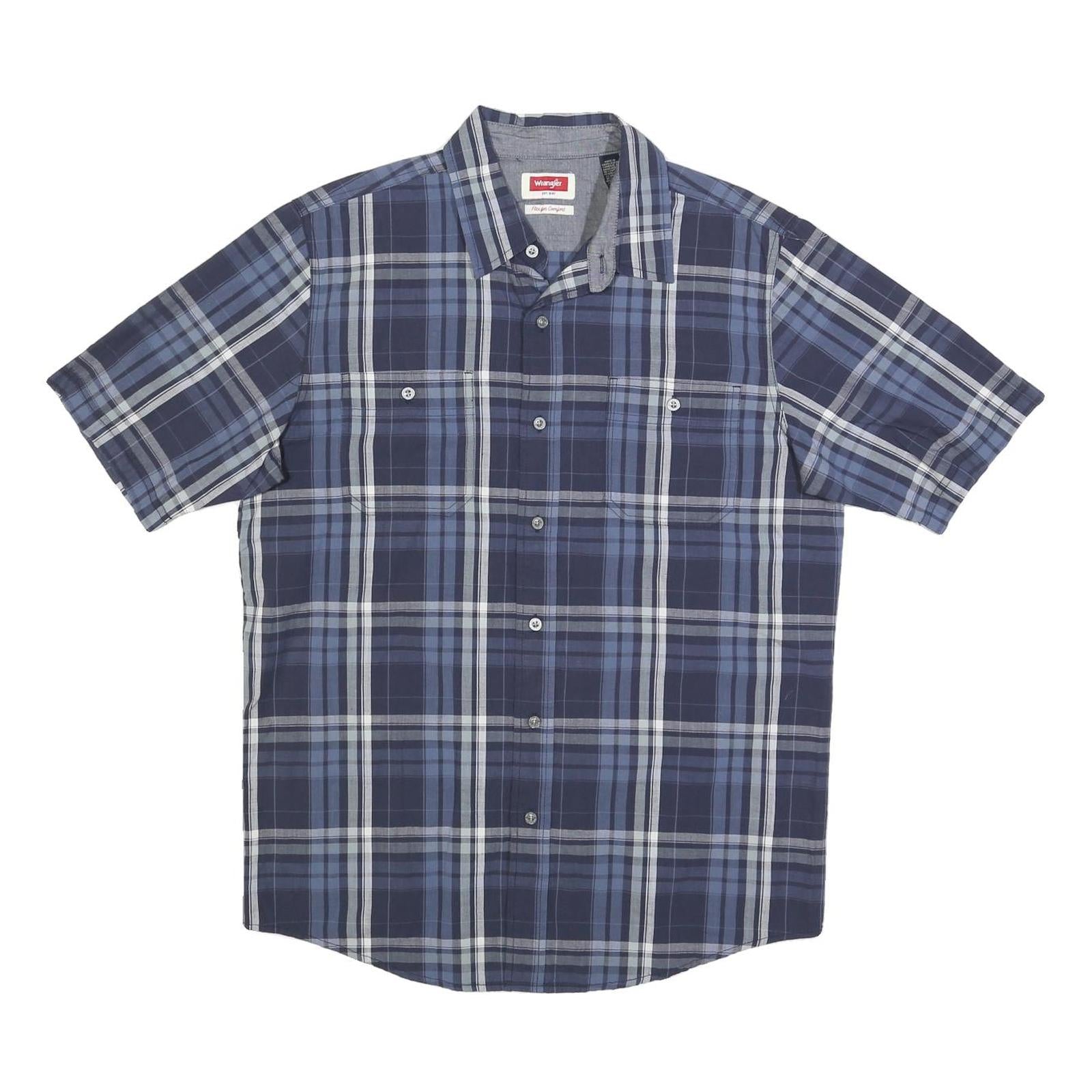 WRANGLER Mens Blue & Grey Plaid Shirt M Cotton Blend Short Sleeve Casual
