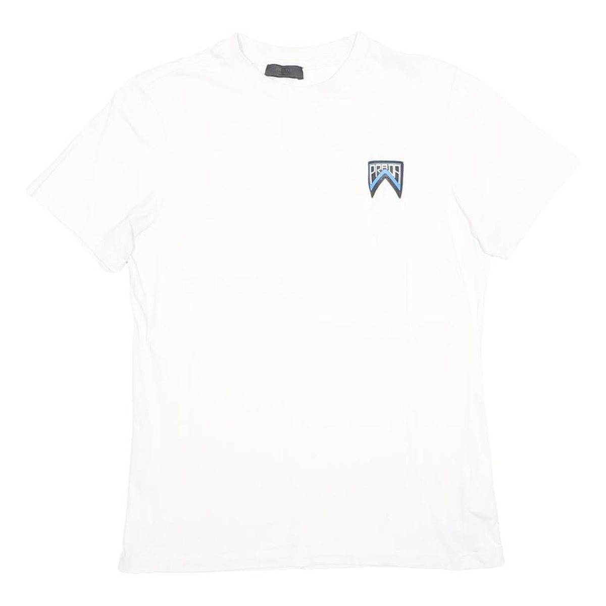 PRADA Womens White Blue Logo Graphic T-Shirt S Short Sleeve Crew Neck Designer