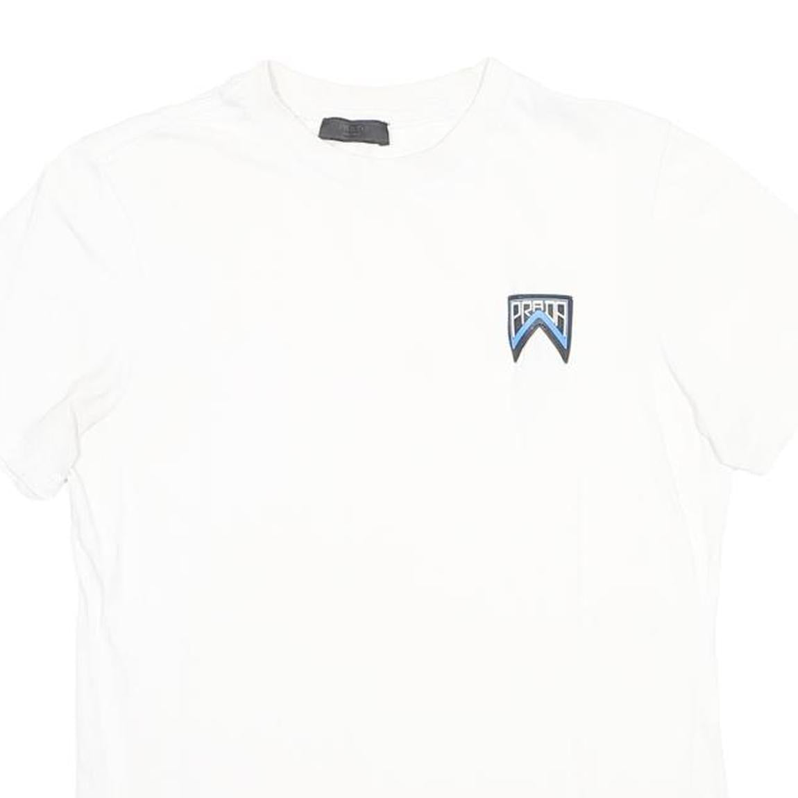 PRADA Womens White Blue Logo Graphic T-Shirt S Short Sleeve Crew Neck Designer