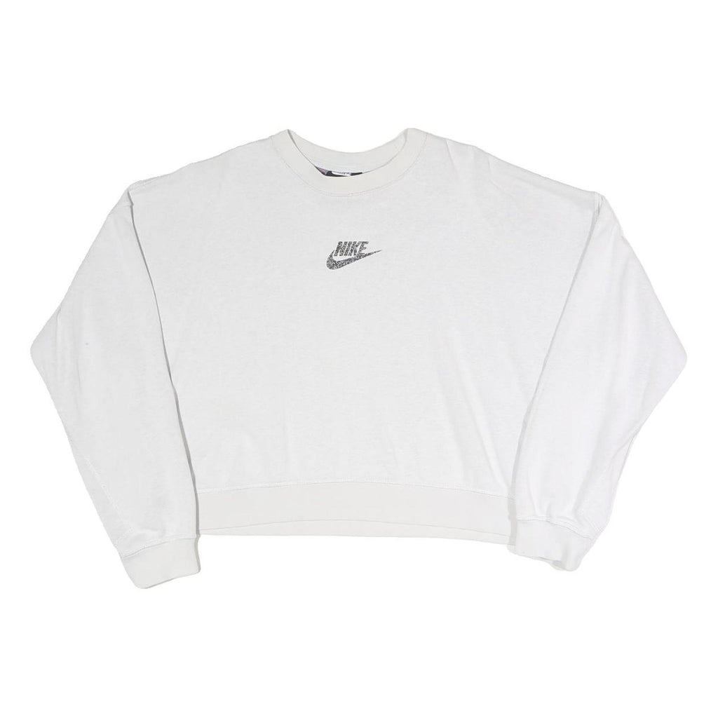NIKE Womens White Crew Neck M Cotton Blend Sweatshirt Crop Logo Pullover