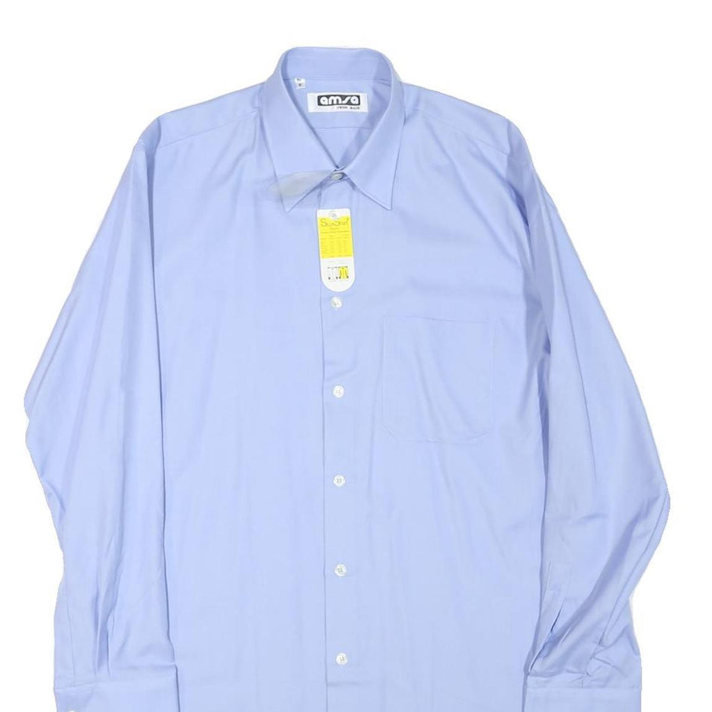 AMSA Mens Blue Plain Shirt M Classic Button Collar Long Sleeve Cotton Blend