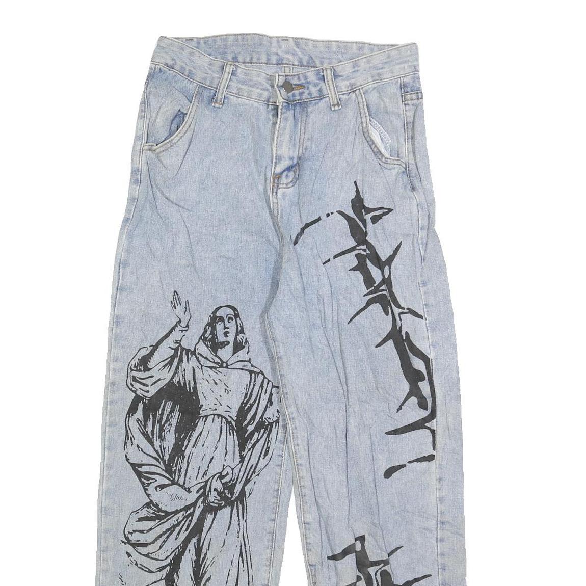 Womens Light Blue Relaxed Fit Denim Jeans W28 L25 Artistic Printed Design Cotton