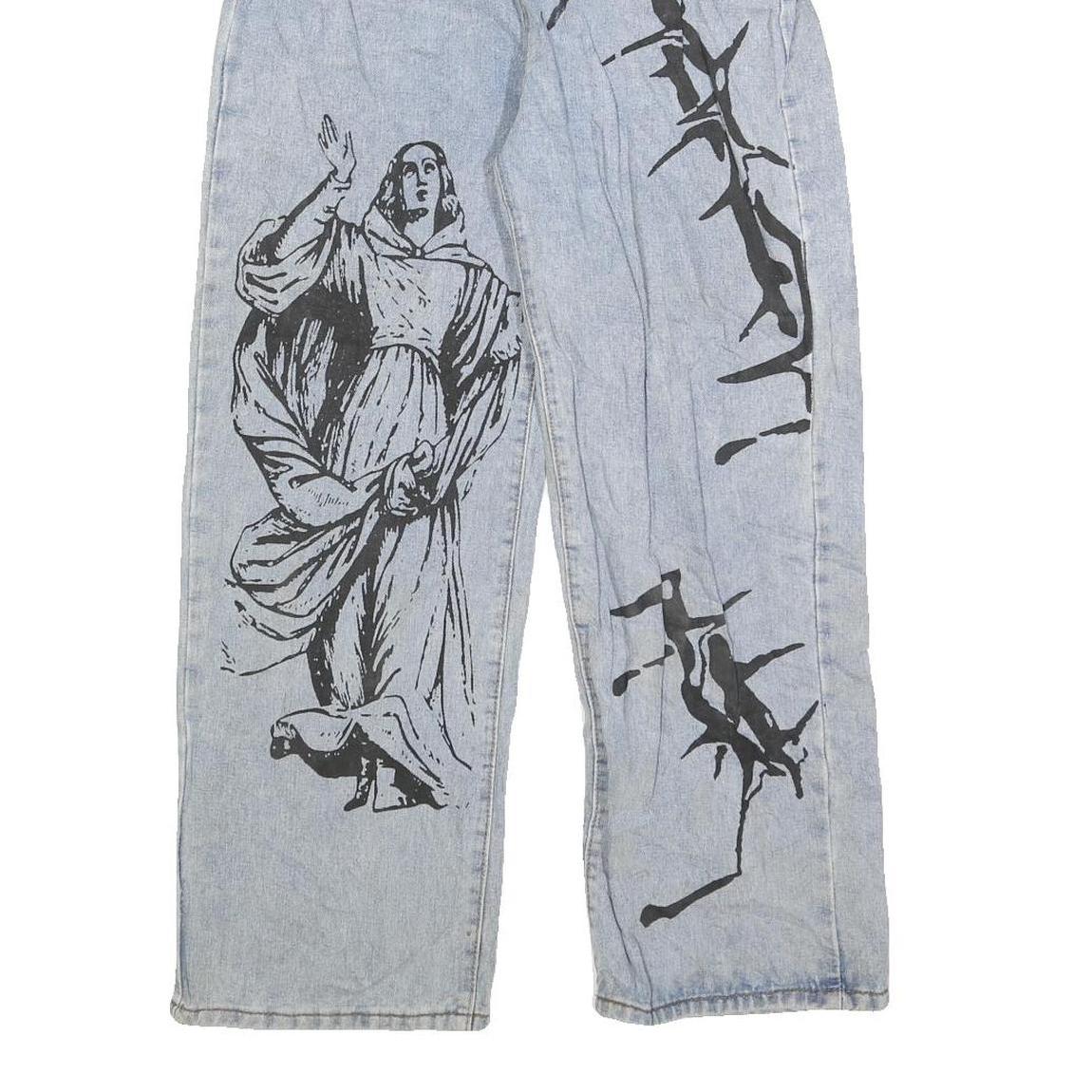 Womens Light Blue Relaxed Fit Denim Jeans W28 L25 Artistic Printed Design Cotton