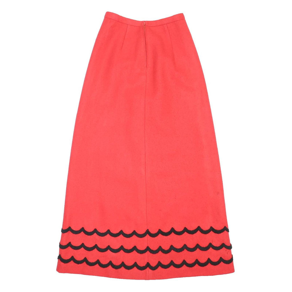 Womens Red Wool A-Line Long Skirt Black Trim Detail Size S Elegant Classic
