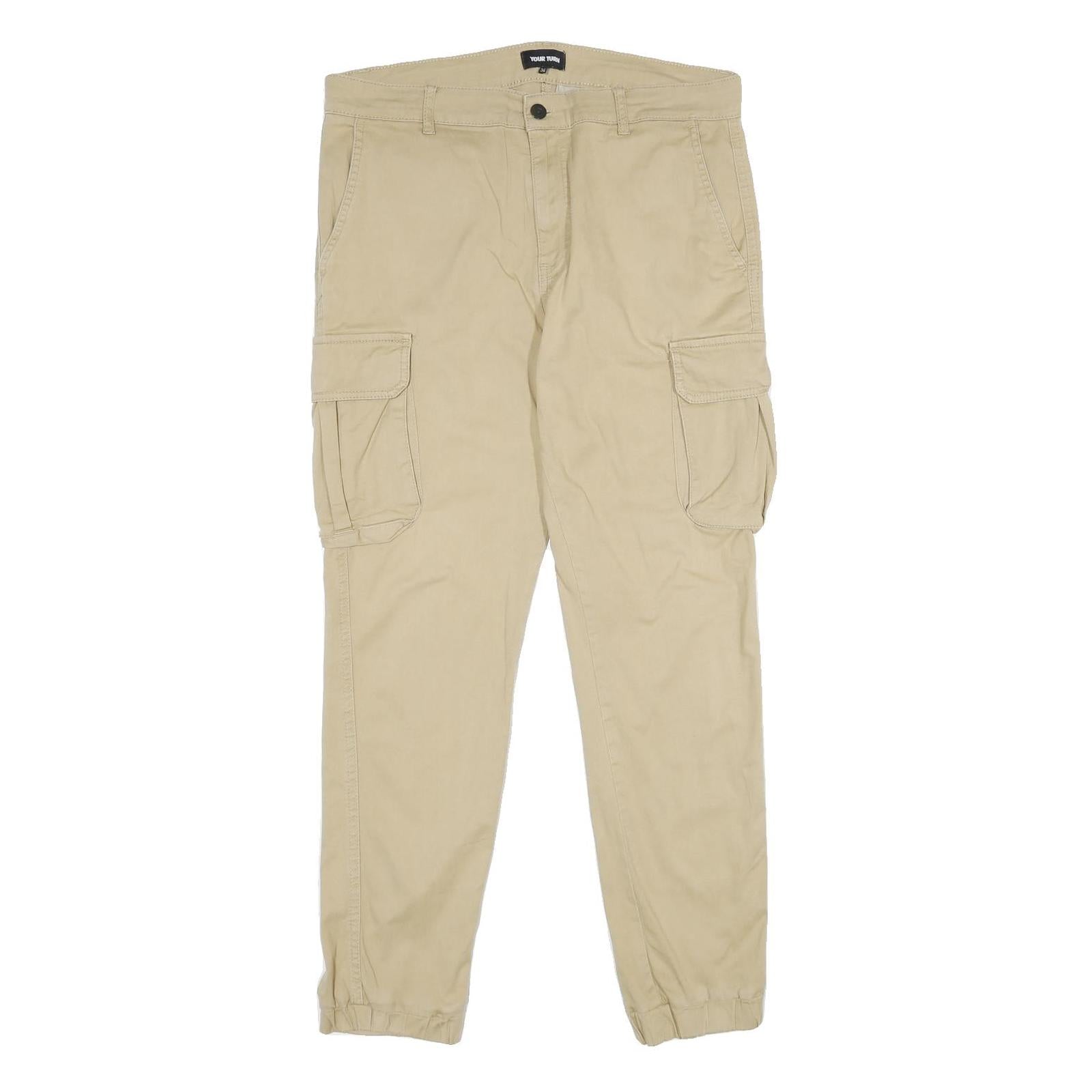 YOURTURN Mens Regular Fit Beige Cargo Trousers W34 L30 Cotton Blend Zip Pockets