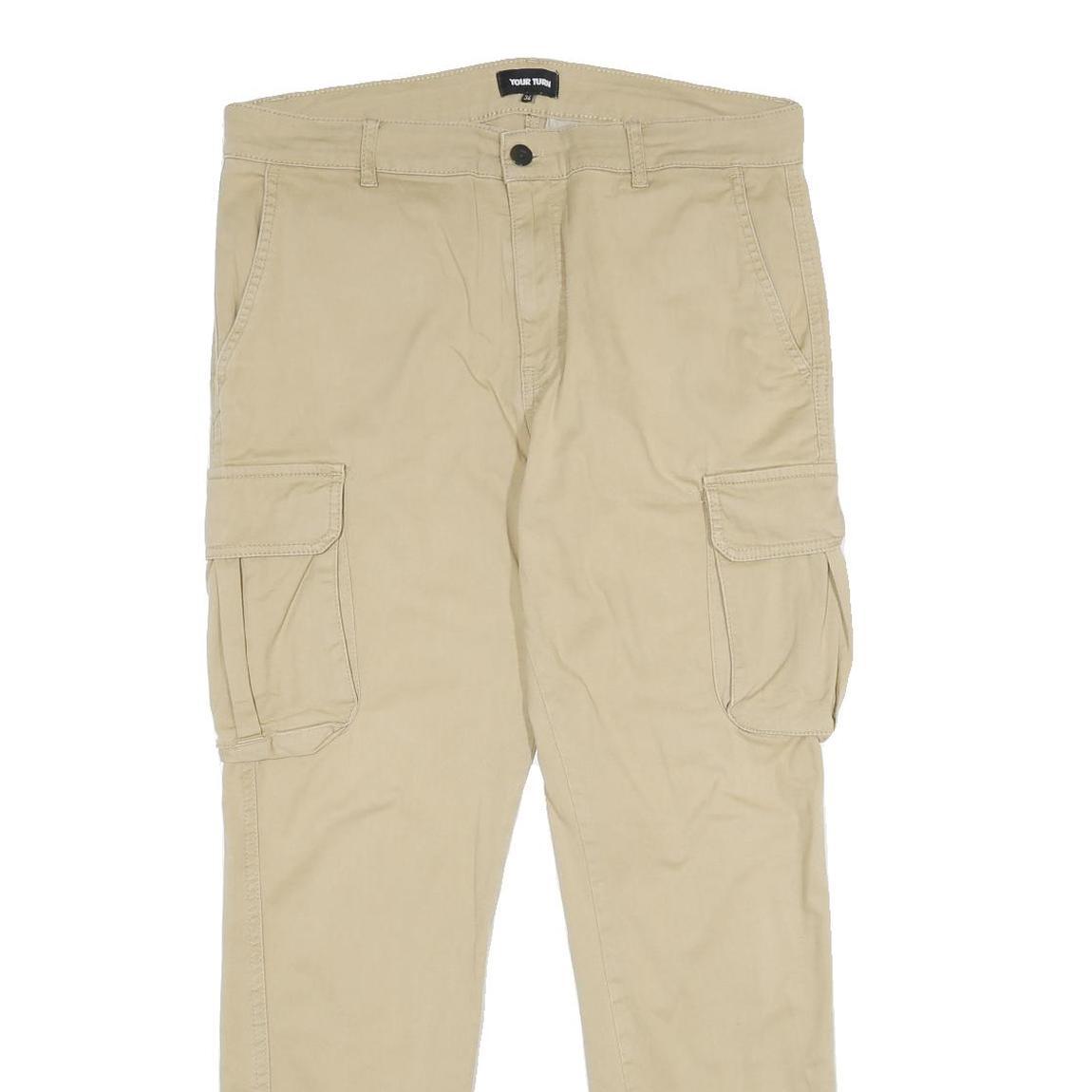 YOURTURN Mens Regular Fit Beige Cargo Trousers W34 L30 Cotton Blend Zip Pockets