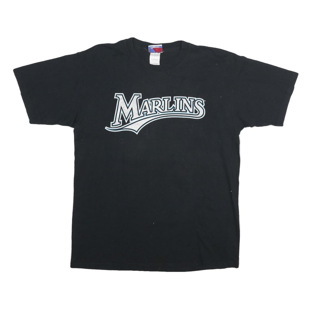 MAJESTIC Mens Black Marlins Graphic T-Shirt L Short Sleeve Crew Neck Delgado 25