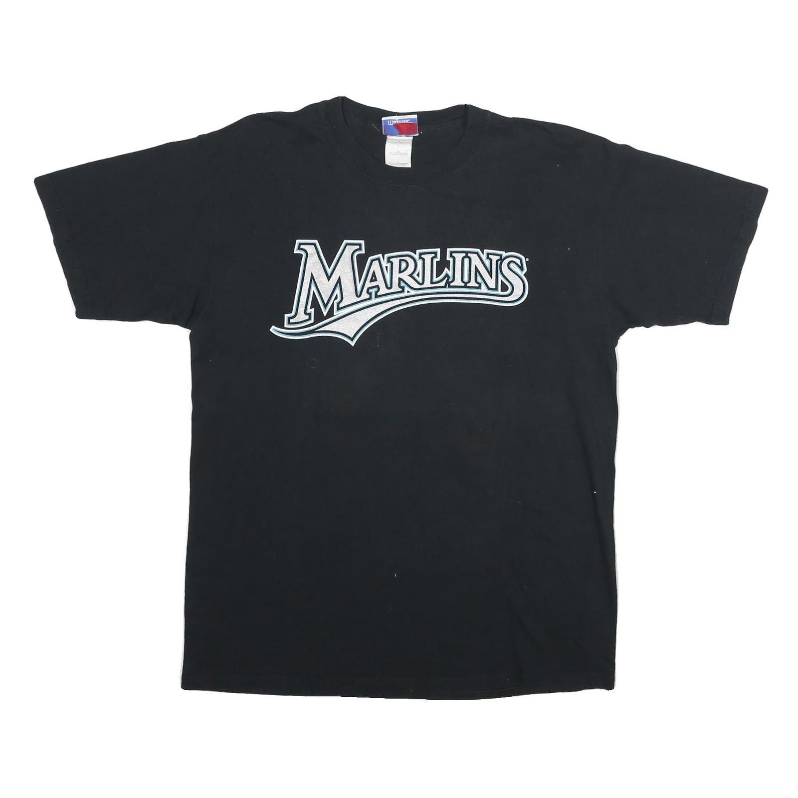 MAJESTIC Mens Black Marlins Graphic T-Shirt L Short Sleeve Crew Neck Delgado 25