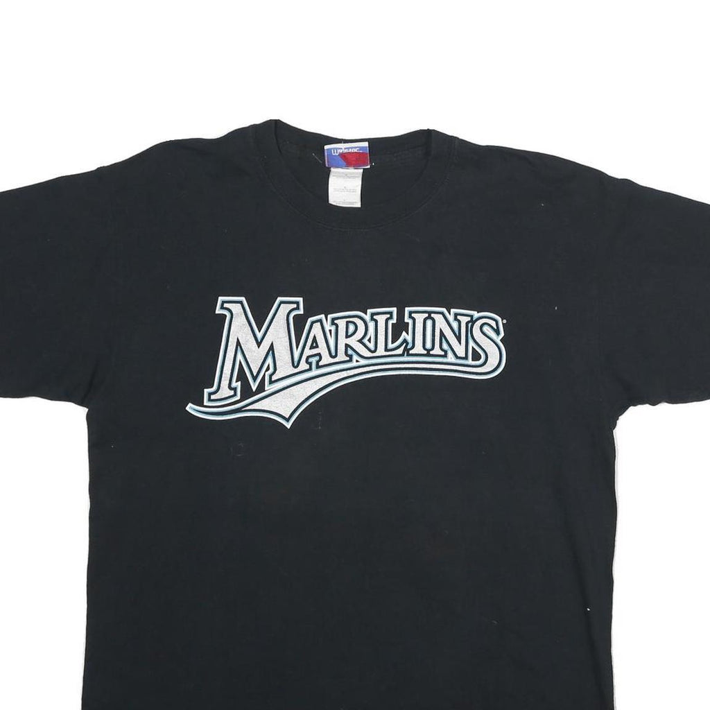 MAJESTIC Mens Black Marlins Graphic T-Shirt L Short Sleeve Crew Neck Delgado 25