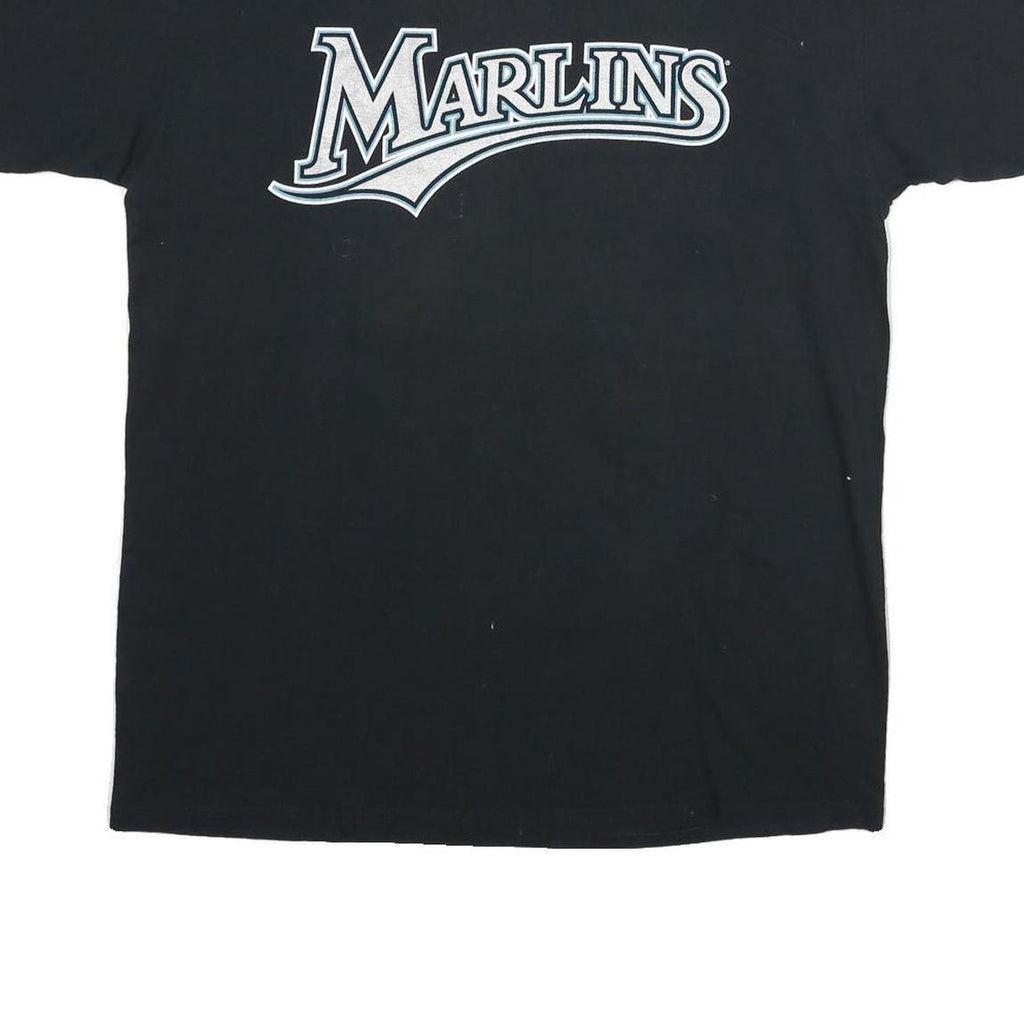 MAJESTIC Mens Black Marlins Graphic T-Shirt L Short Sleeve Crew Neck Delgado 25