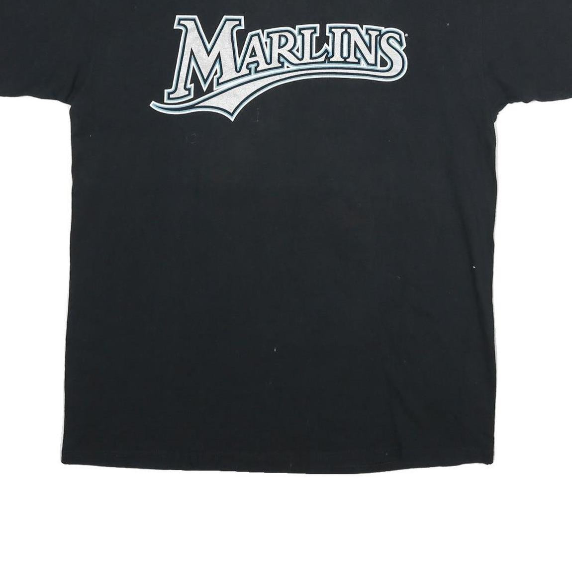MAJESTIC Mens Black Marlins Graphic T-Shirt L Short Sleeve Crew Neck Delgado 25