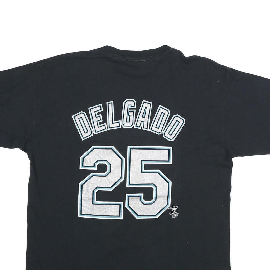 MAJESTIC Mens Black Marlins Graphic T-Shirt L Short Sleeve Crew Neck Delgado 25