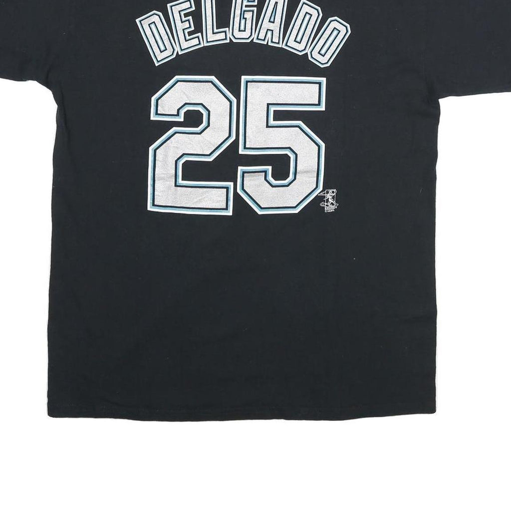 MAJESTIC Mens Black Marlins Graphic T-Shirt L Short Sleeve Crew Neck Delgado 25