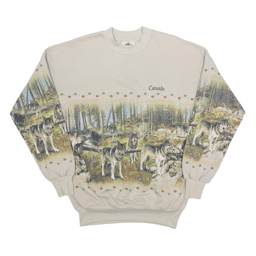 CANADA Womens Cream Sweatshirt M Wolves Printed Cotton Blend Crew Neck Casual