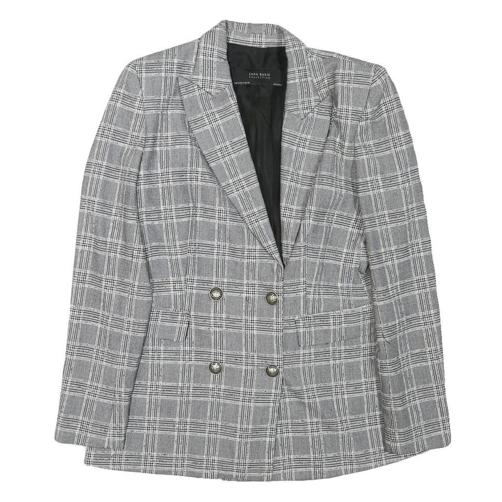 ZARA Womens Grey Check Blazer Jacket XS Cotton Blend Button Double-Breasted