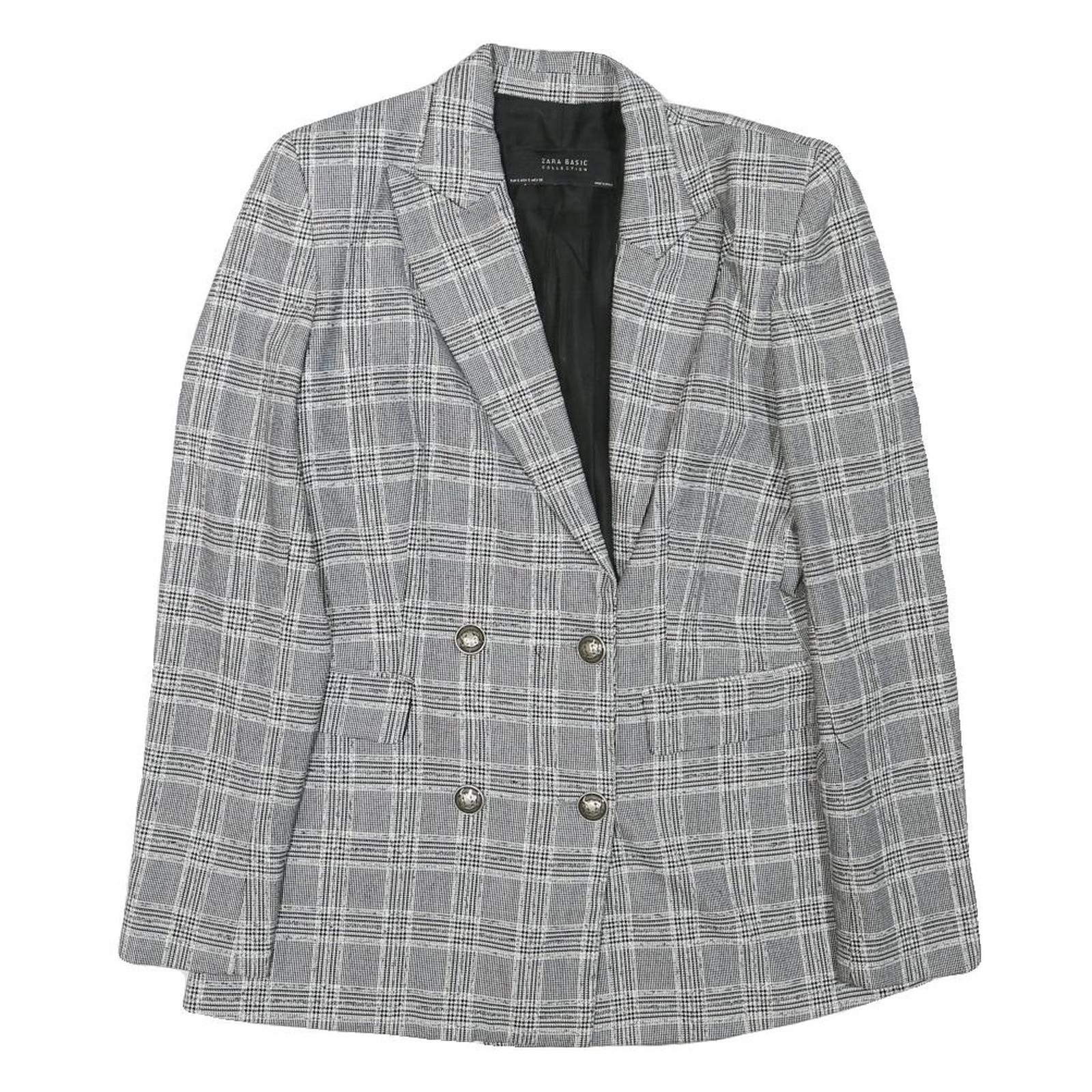 ZARA Womens Grey Check Blazer Jacket XS Cotton Blend Button Double-Breasted