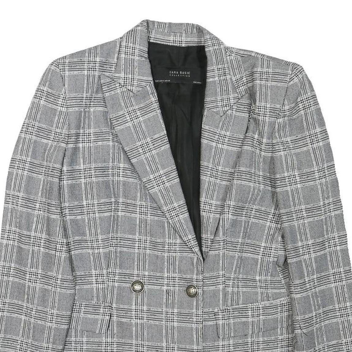 ZARA Womens Grey Check Blazer Jacket XS Cotton Blend Button Double-Breasted