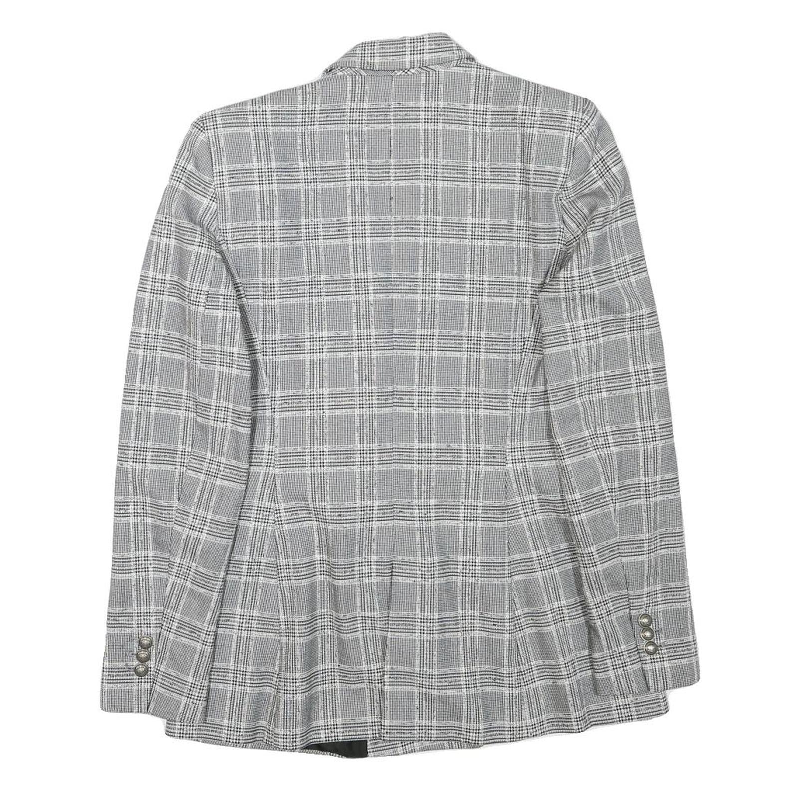 ZARA Womens Grey Check Blazer Jacket XS Cotton Blend Button Double-Breasted