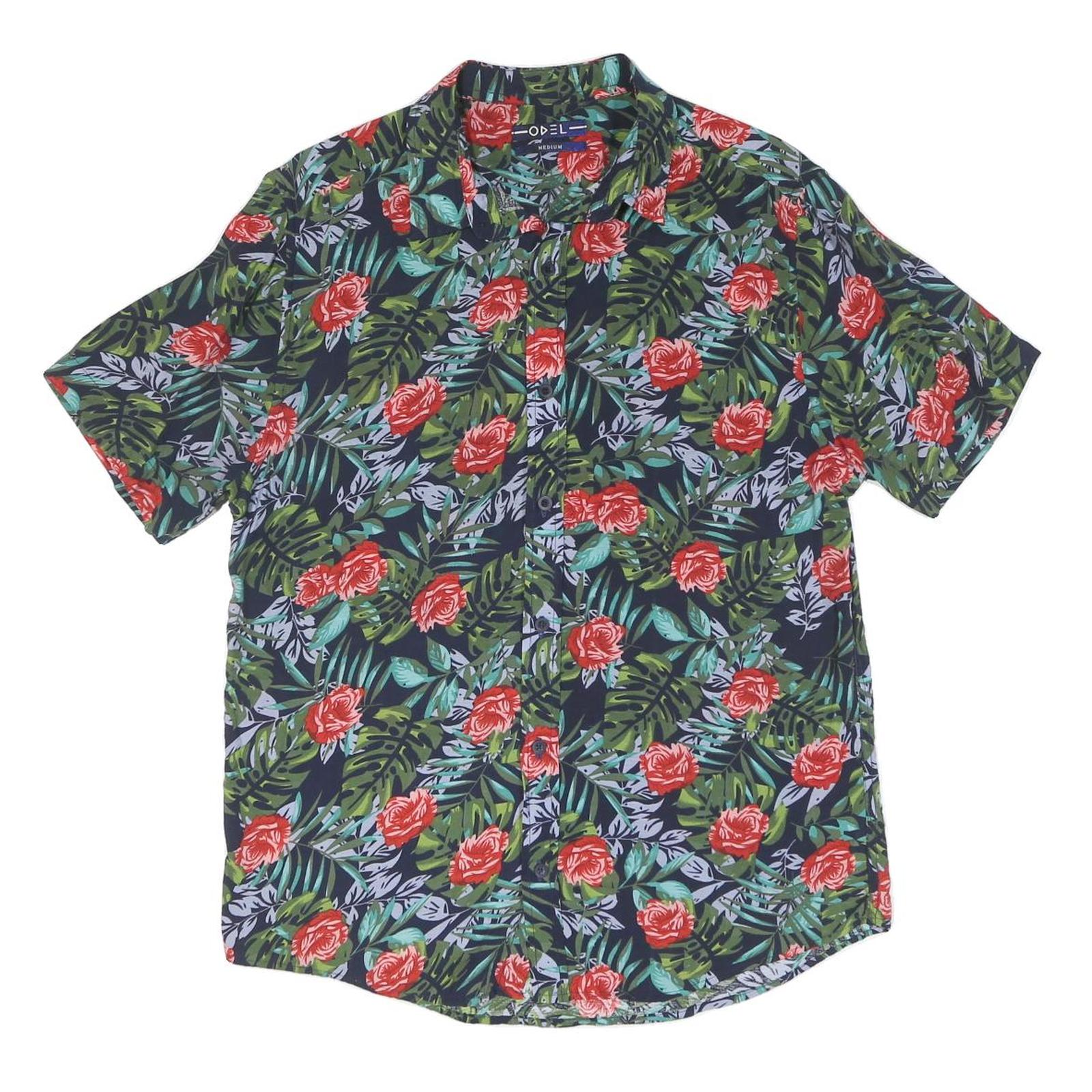 Mens Navy Blue Red Green Floral Pattern Short Sleeve Shirt M Cotton Summer