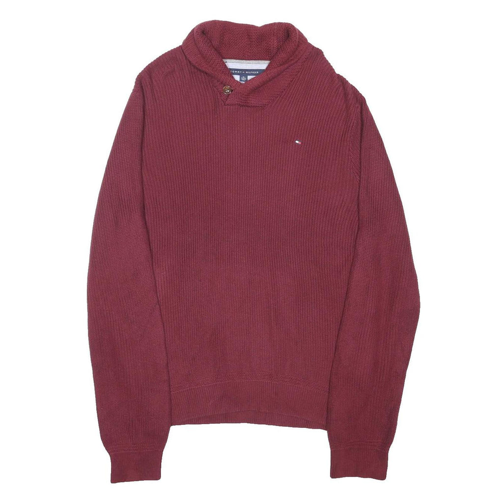 TOMMY HILFIGER Mens Maroon Patterned Pullover V Neck Chunky Knit XL Button