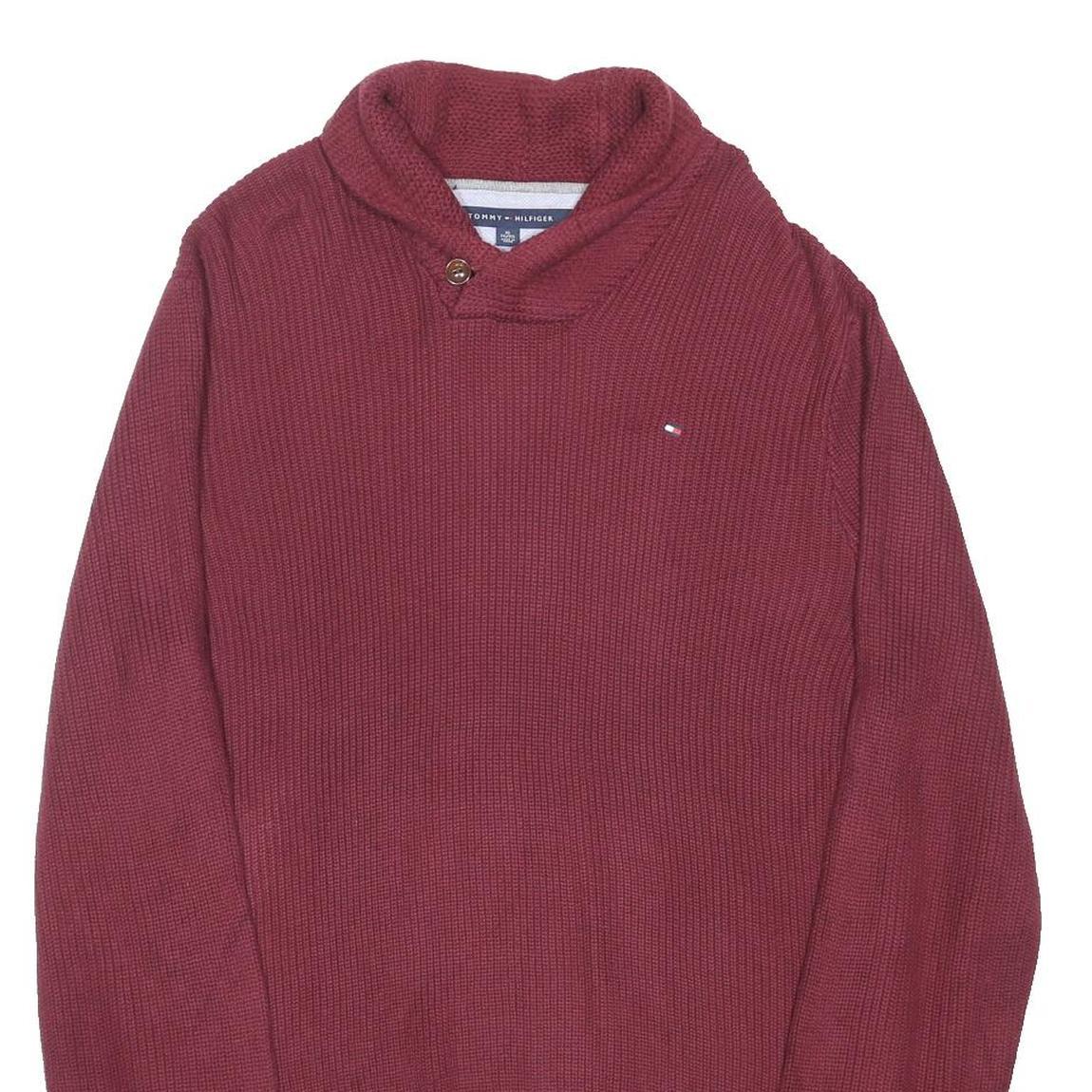 TOMMY HILFIGER Mens Maroon Patterned Pullover V Neck Chunky Knit XL Button