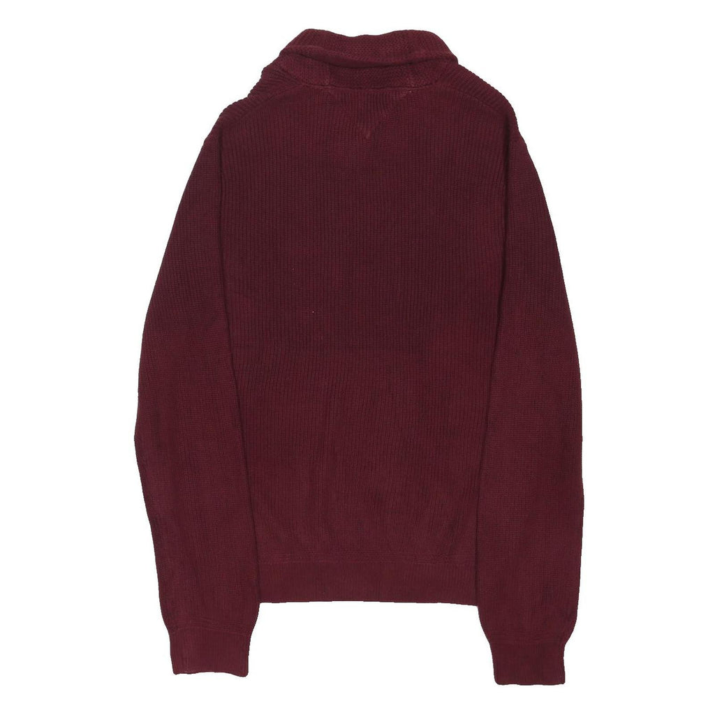TOMMY HILFIGER Mens Maroon Patterned Pullover V Neck Chunky Knit XL Button