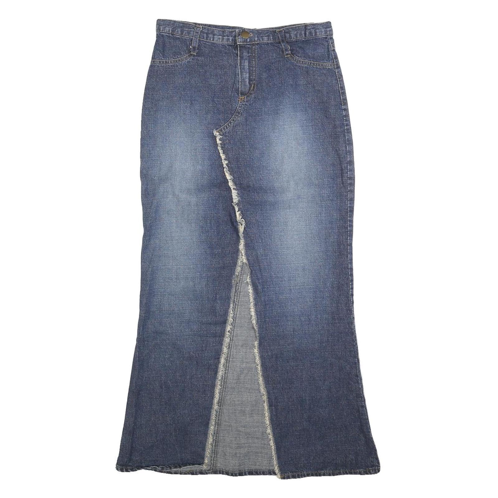 SCOTT Womens Blue Denim Midi Cotton Skirt S Frayed Front Split Casual