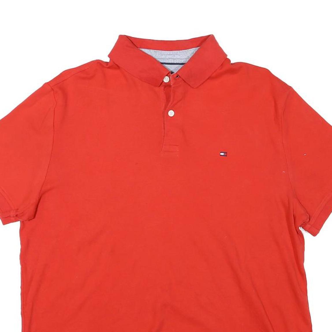 TOMMY HILFIGER Mens Red Short Sleeve Plain Polo Shirt L Cotton Blend Casual