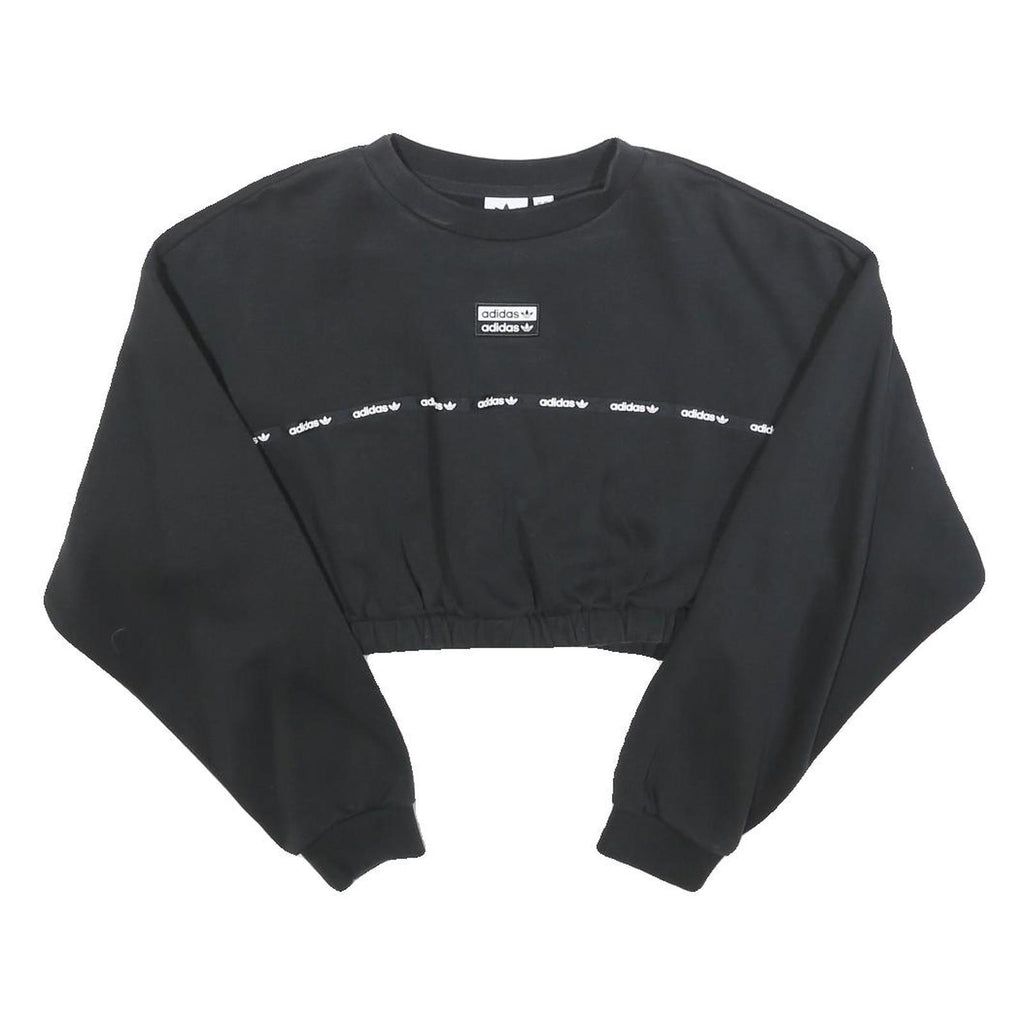 ADIDAS Womens Black Cropped Sweatshirt UK 14 Logo Print Cotton Blend Pullover