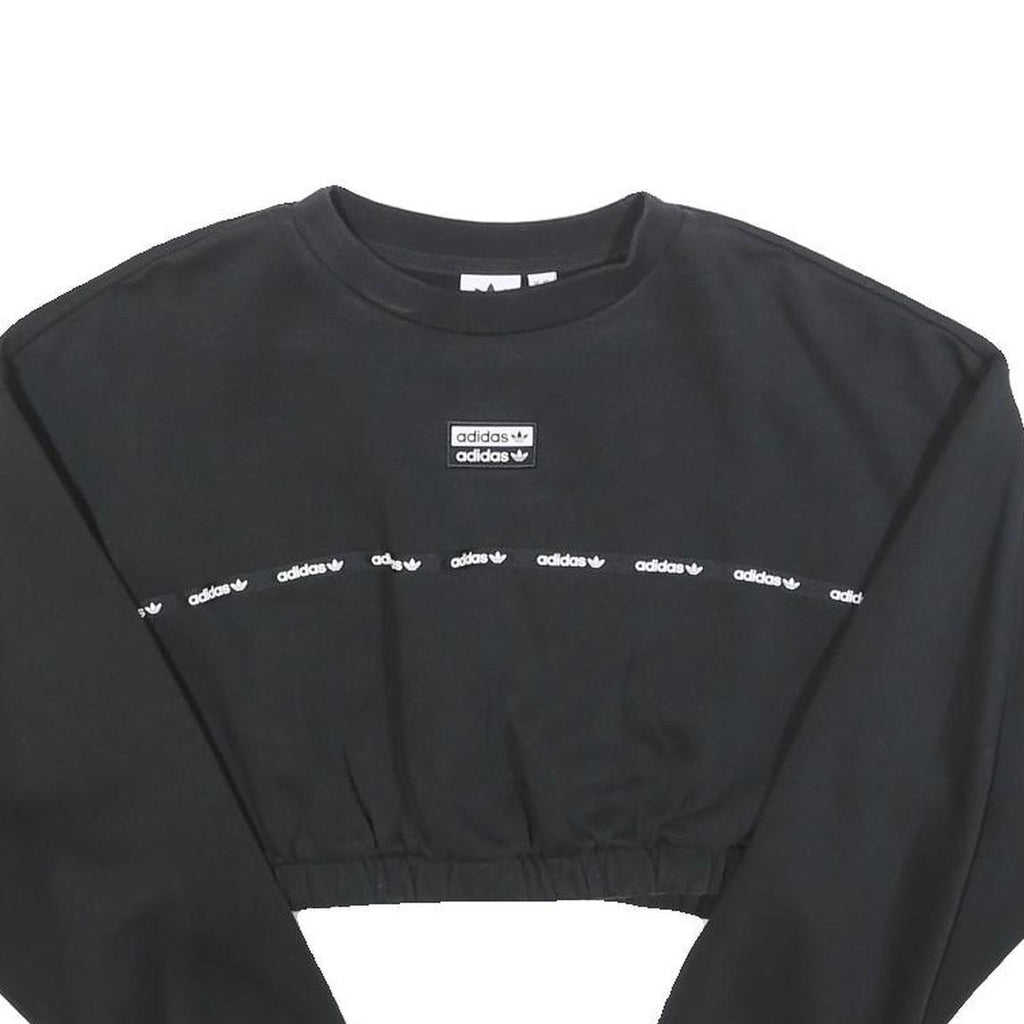 ADIDAS Womens Black Cropped Sweatshirt UK 14 Logo Print Cotton Blend Pullover