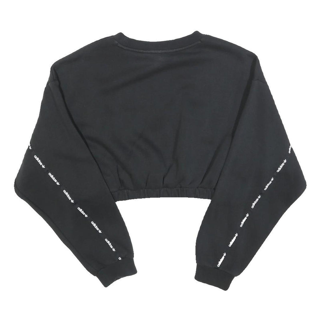 ADIDAS Womens Black Cropped Sweatshirt UK 14 Logo Print Cotton Blend Pullover