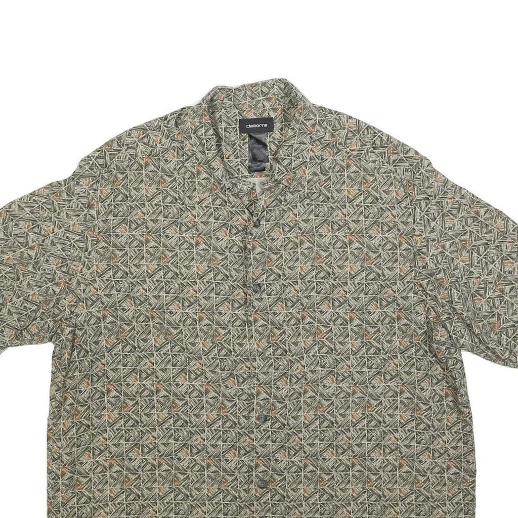 CLAIBORNE Mens Green Patterned Cotton Blend Shirt L Short Sleeve Casual