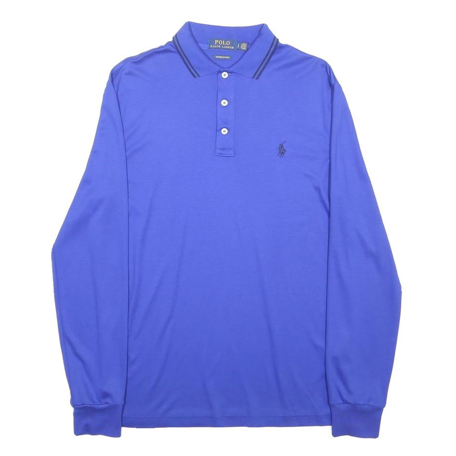 POLO RALPH LAUREN Mens Blue Long Sleeve Plain Polo Shirt S Cotton Blend