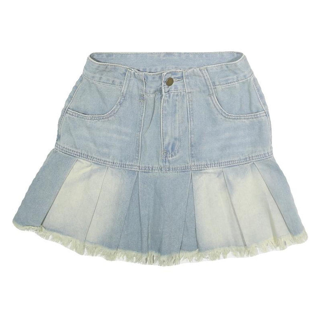 ROMWE Womens Blue Denim Pleated Mini Skirt Cotton XS Frayed Hem Casual