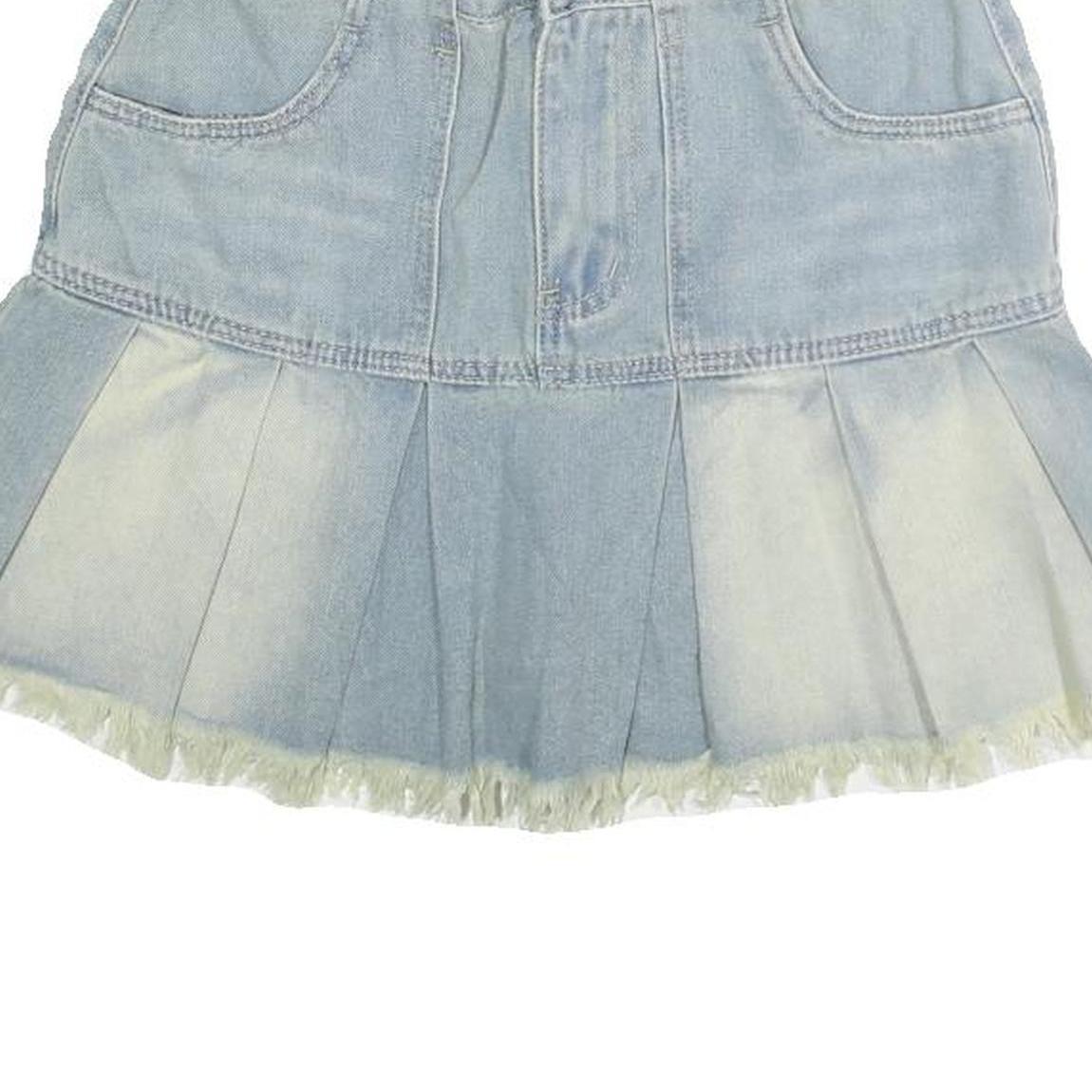 ROMWE Womens Blue Denim Pleated Mini Skirt Cotton XS Frayed Hem Casual